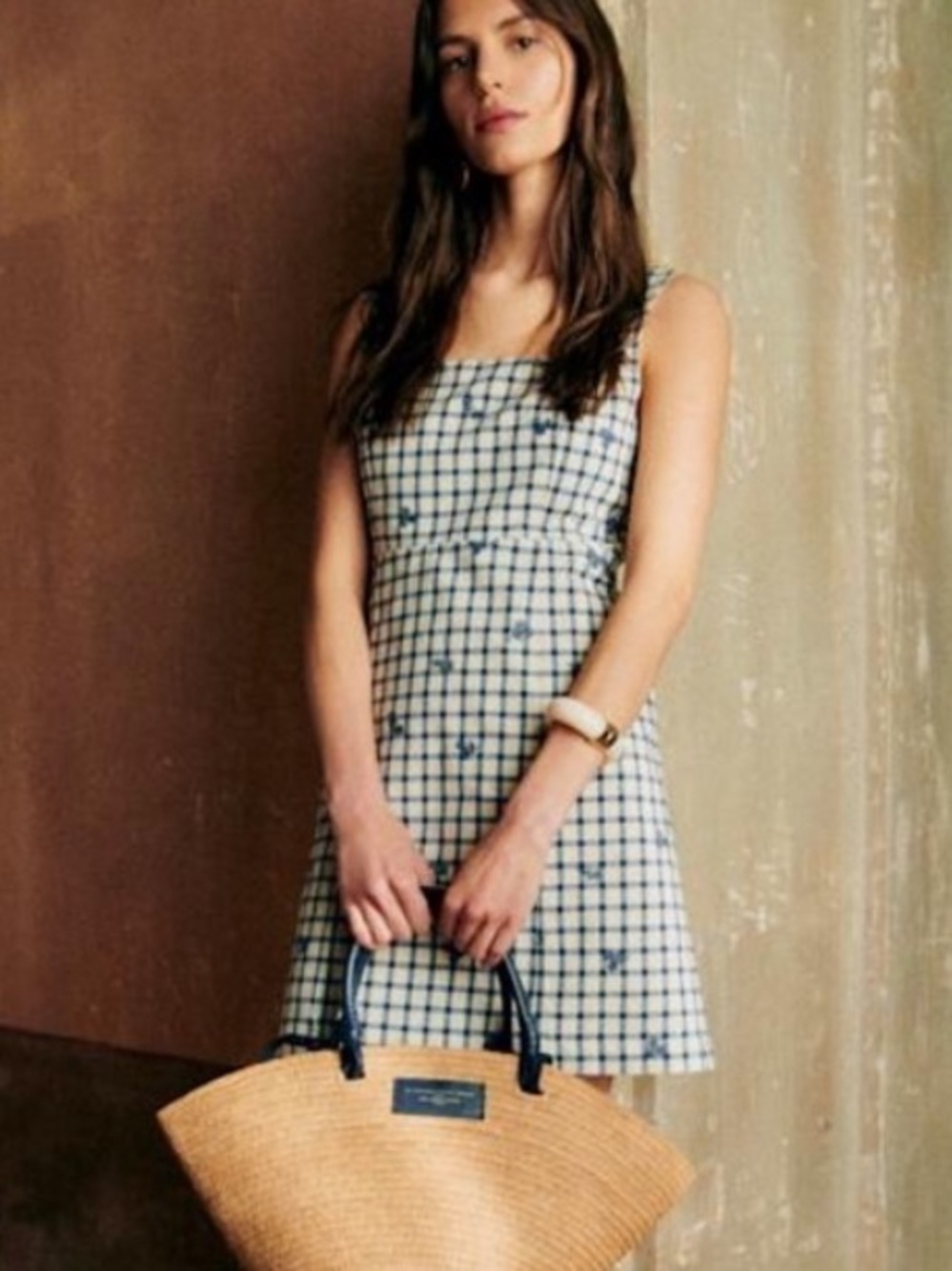 SEZANE | Dorothe Embroidered Floral Check Organic Cotton Dress | 44/US 12